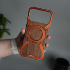 iPhone 17 Series Frameless Wooden Aluminium Case | Premium Metal Rotating Stand | Shockproof Luxury Wood Back Cover