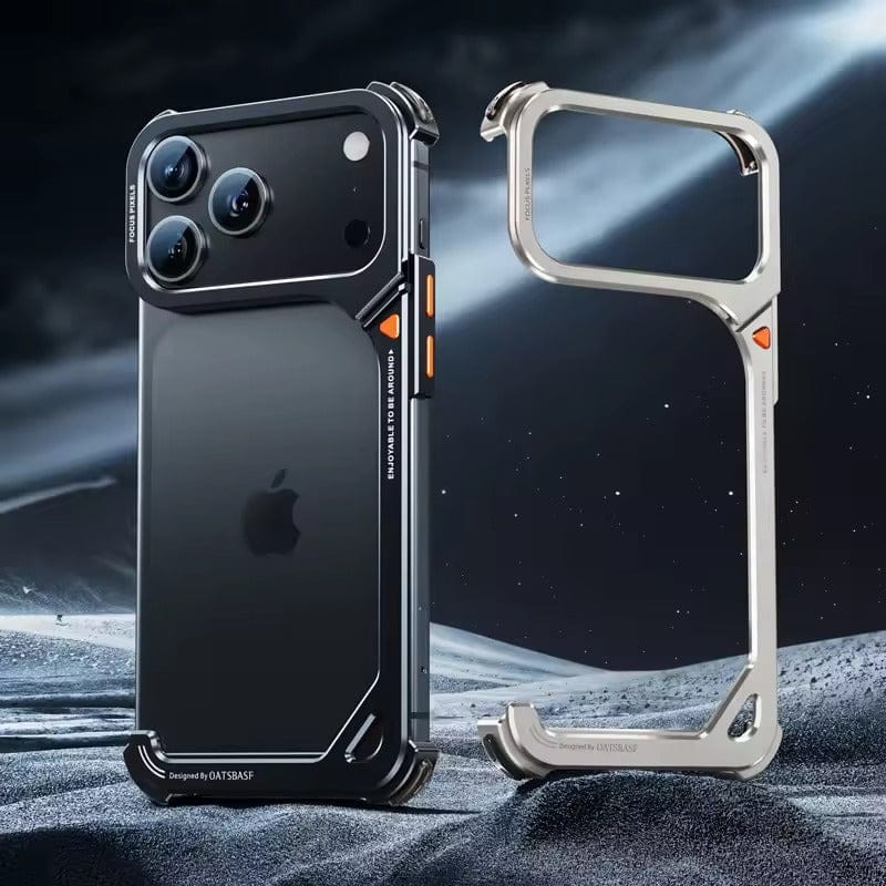 iPhone 17 Pro max 9-Shaped Frameless Metal Bumper Case with Hidden Lens Stand | Shockproof Aviation-Grade Alloy Frame