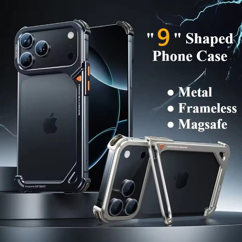 iPhone 17 Pro max 9-Shaped Frameless Metal Bumper Case with Hidden Lens Stand | Shockproof Aviation-Grade Alloy Frame