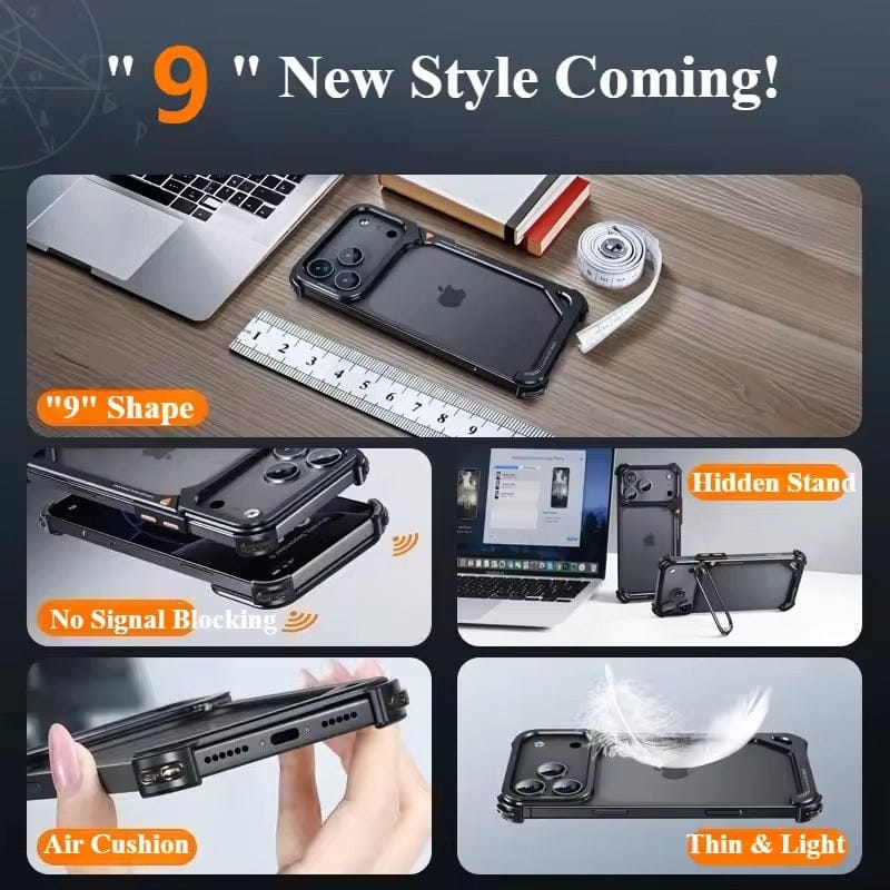 iPhone 17 Pro max 9-Shaped Frameless Metal Bumper Case with Hidden Lens Stand | Shockproof Aviation-Grade Alloy Frame