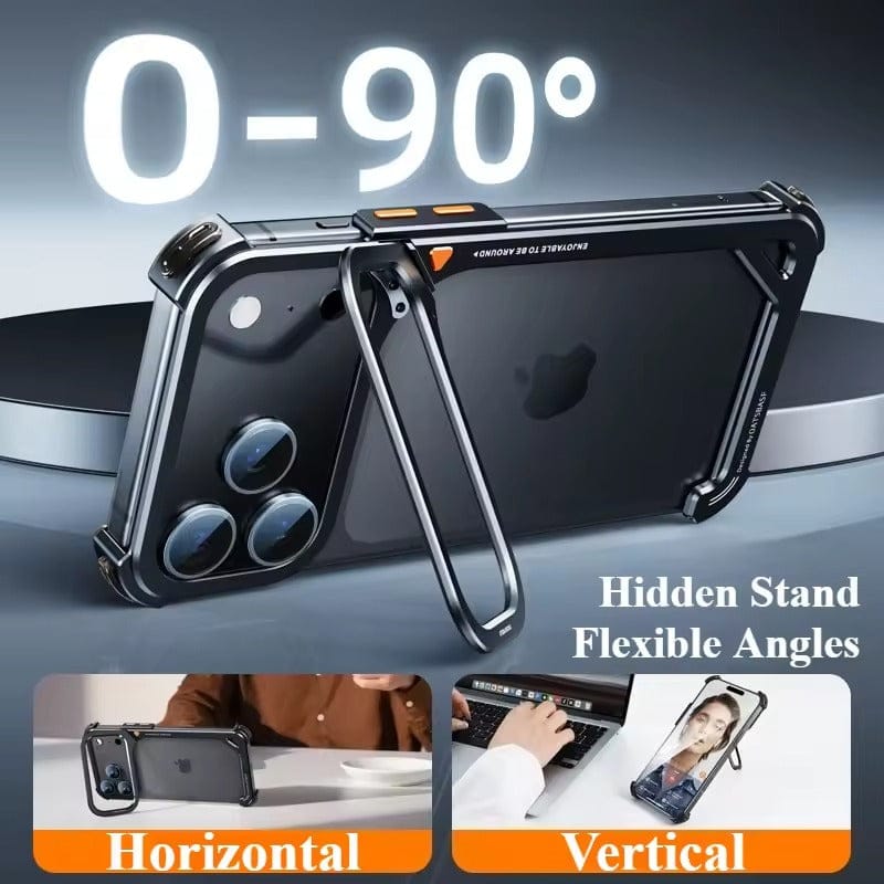 iPhone 17 Pro max 9-Shaped Frameless Metal Bumper Case with Hidden Lens Stand | Shockproof Aviation-Grade Alloy Frame