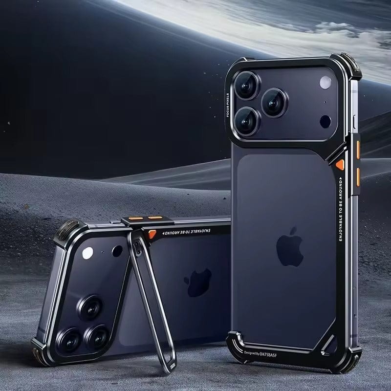 iPhone 17 Pro max 9-Shaped Frameless Metal Bumper Case with Hidden Lens Stand | Shockproof Aviation-Grade Alloy Frame