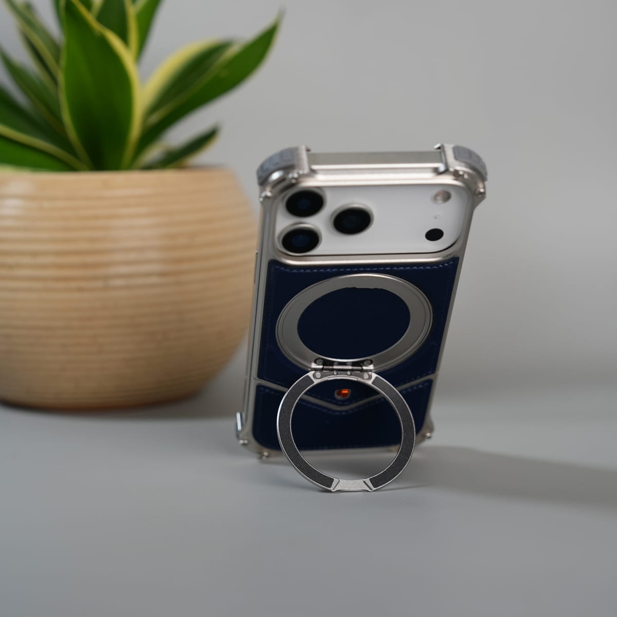 iPhone 17 Series Premium Blue Carbon Design Aluminium Metal Snap On Rotating Stand case