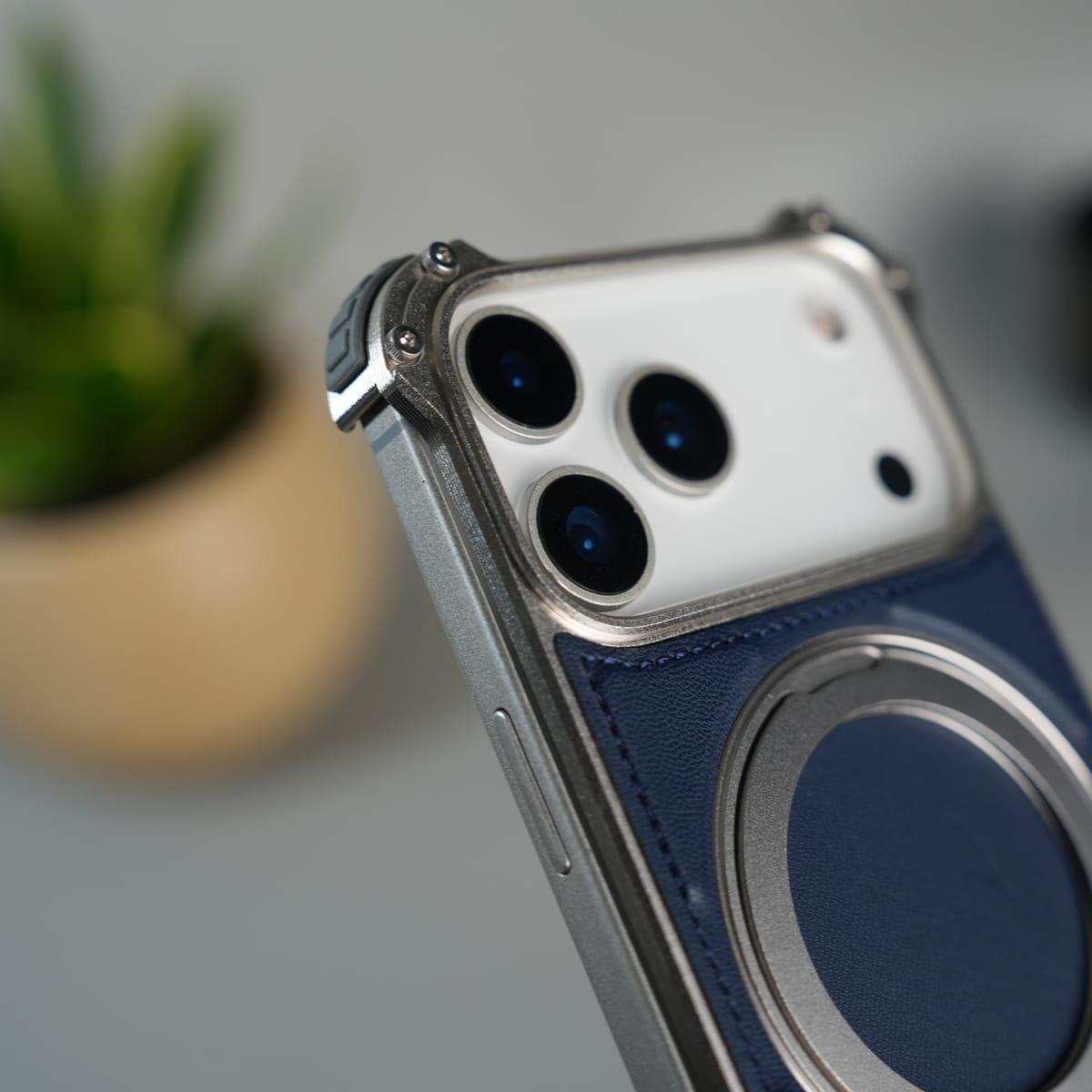 iPhone 17 Series Premium Blue Carbon Design Aluminium Metal Snap On Rotating Stand case