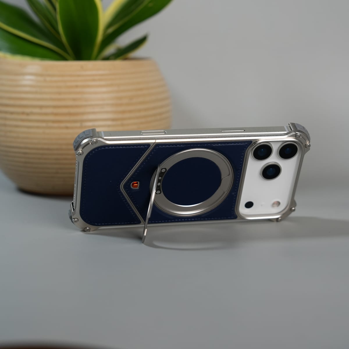 iPhone 17 Series Premium Blue Carbon Design Aluminium Metal Snap On Rotating Stand case