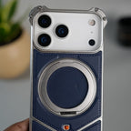 iPhone 17 Series Premium Blue Carbon Design Aluminium Metal Snap On Rotating Stand case