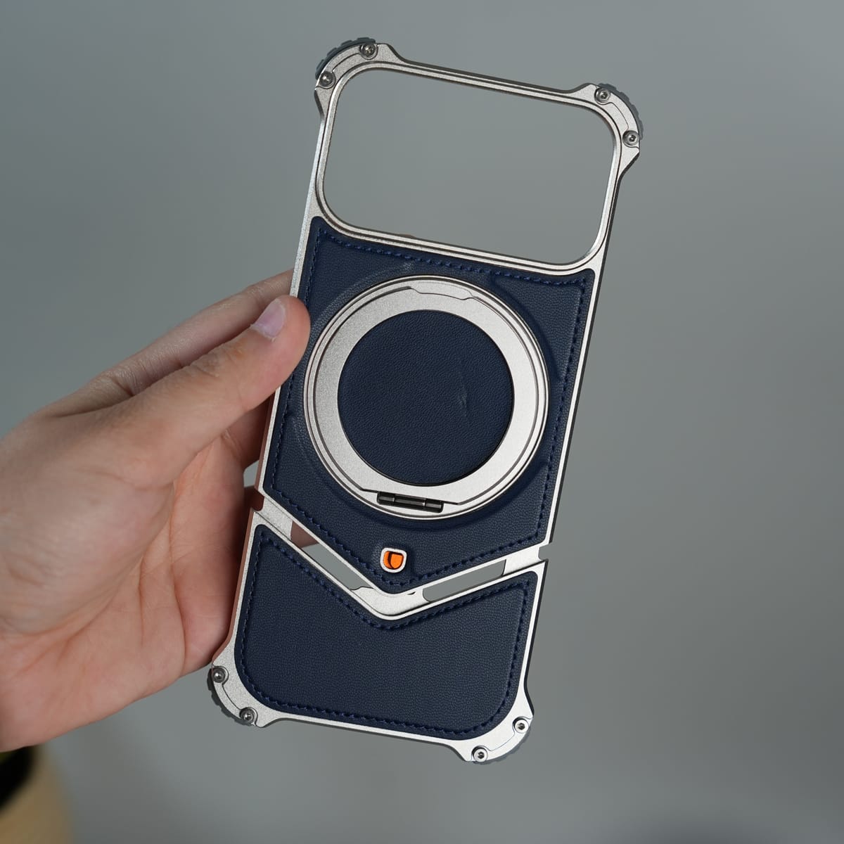 iPhone 17 Series Premium Blue Carbon Design Aluminium Metal Snap On Rotating Stand case