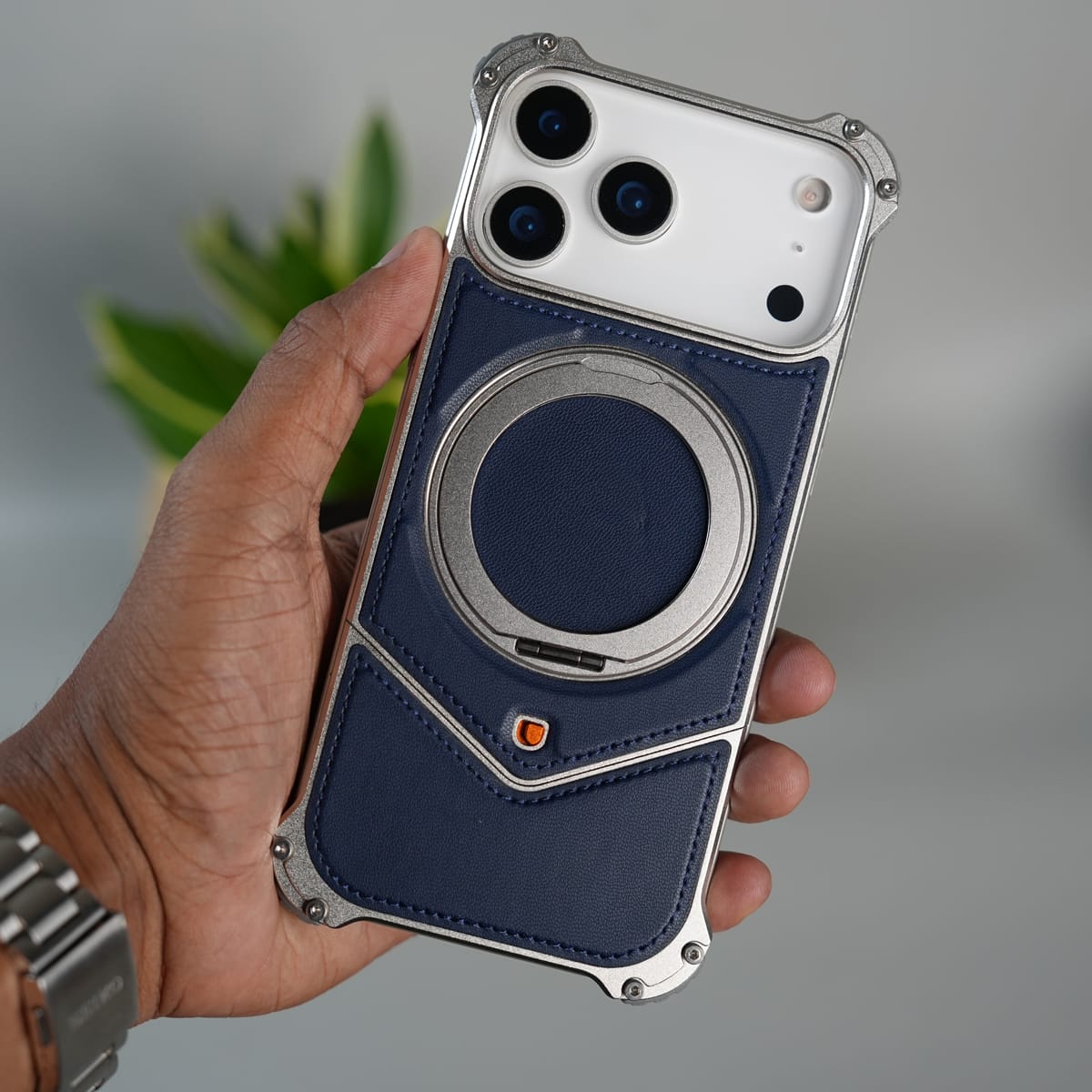 iPhone 17 Series Premium Blue Carbon Design Aluminium Metal Snap On Rotating Stand case
