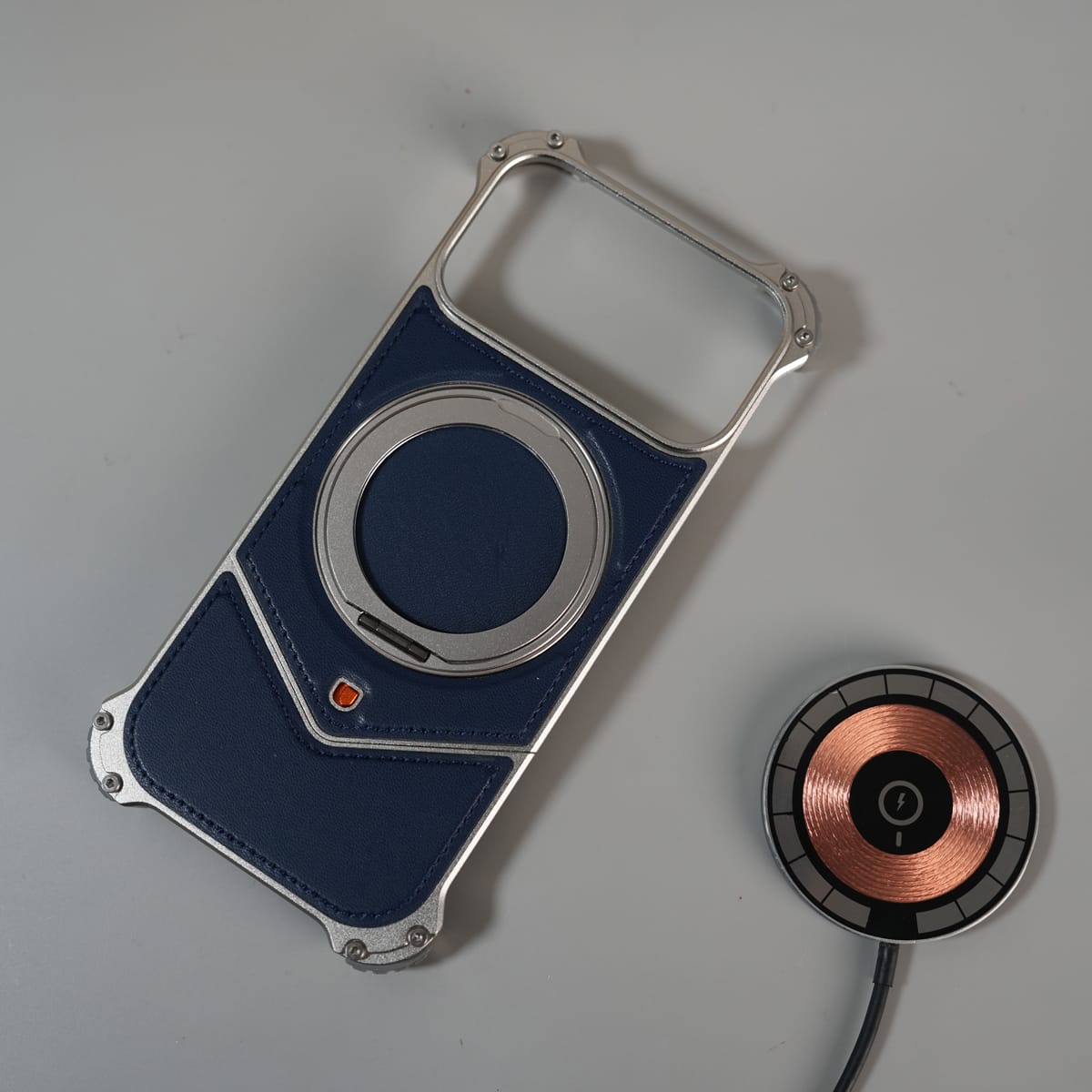 iPhone 17 Series Premium Blue Carbon Design Aluminium Metal Snap On Rotating Stand case