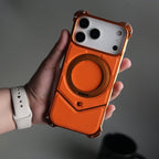 iPhone 17 Series Premium Orange Leather Aluminium Metal Snap On Rotating Stand case