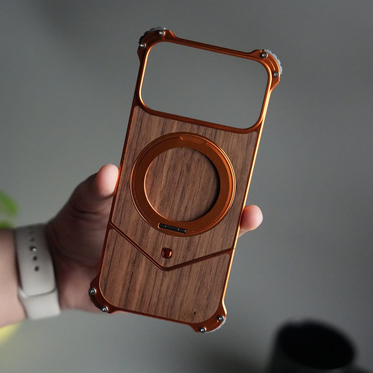 iPhone 17 Series Premium Orange Wooden Aluminium Metal Snap On Rotating Stand case