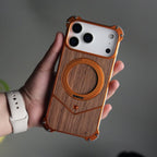 iPhone 17 Series Premium Orange Wooden Aluminium Metal Snap On Rotating Stand case