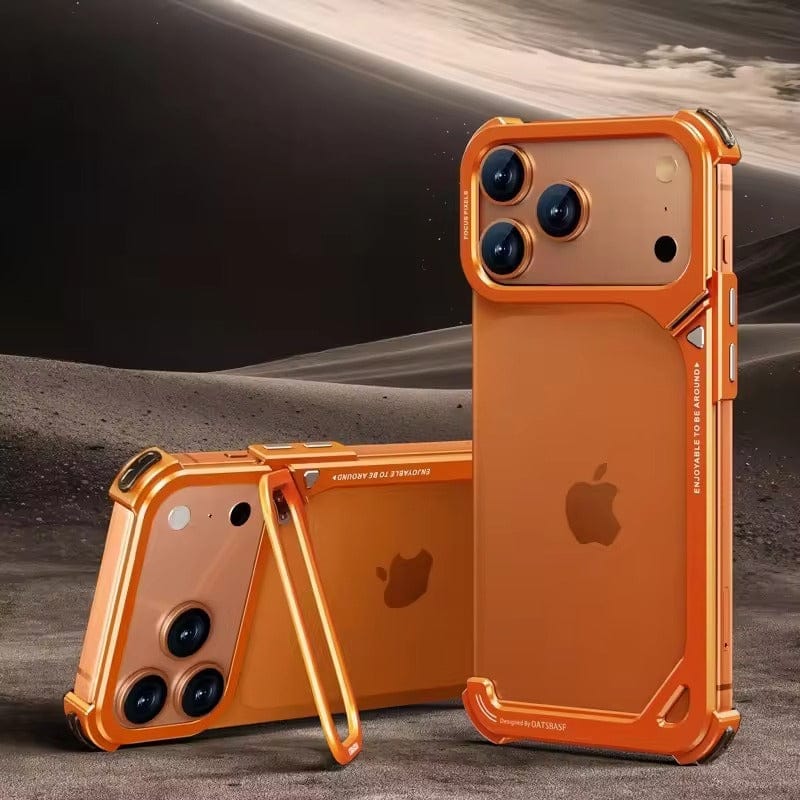 iPhone 17 Pro max 9-Shaped Frameless Metal Bumper Case with Hidden Lens Stand | Shockproof Aviation-Grade Alloy Frame