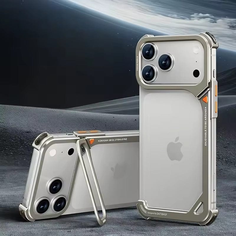 iPhone 17 Pro max 9-Shaped Frameless Metal Bumper Case with Hidden Lens Stand | Shockproof Aviation-Grade Alloy Frame