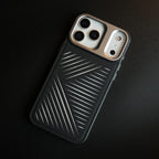 iPhone 17 Series Premium PU Leather Cut Pattern MagSafe Case with Metal Camera Frame