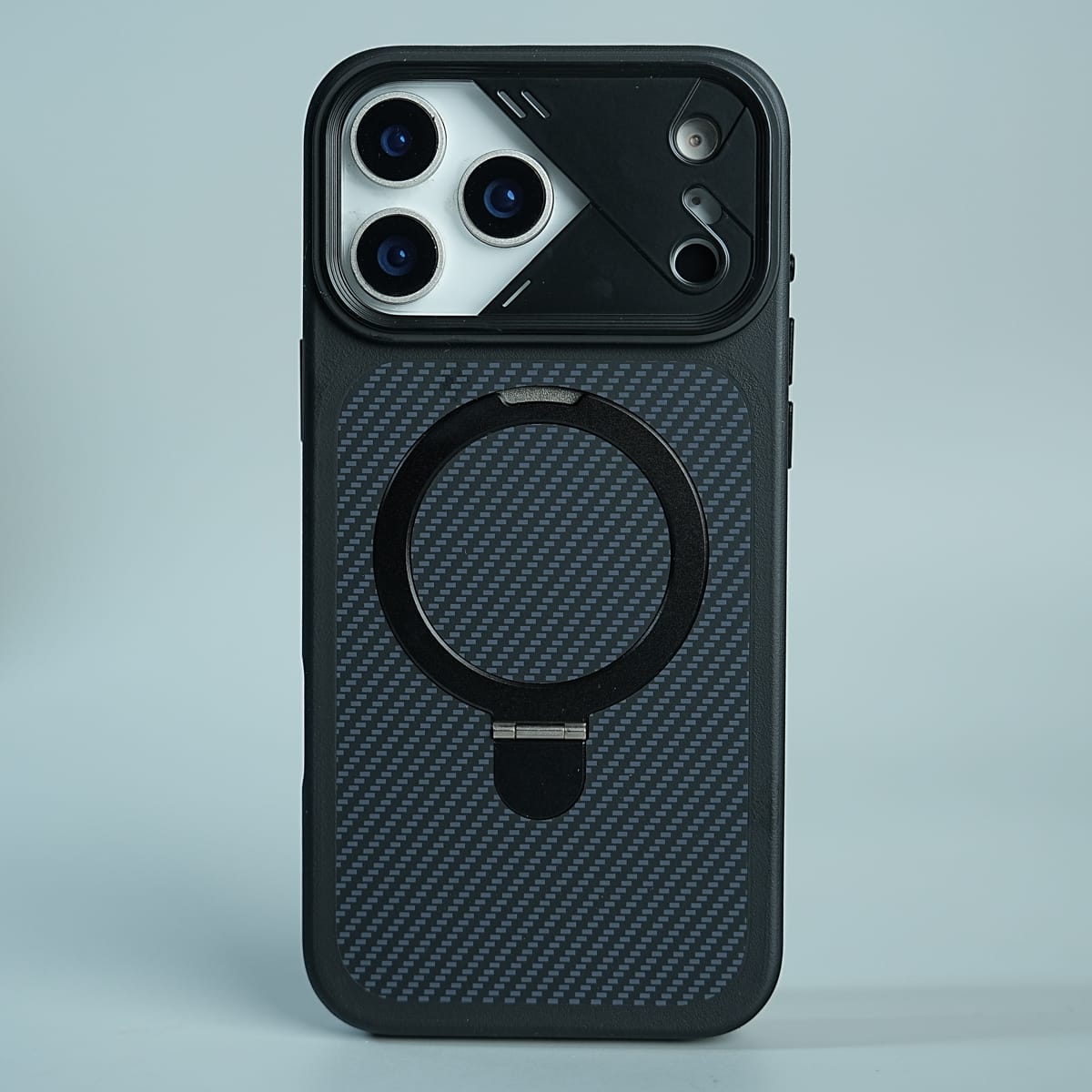 iPhone 17 Series Carbon Fiber Texture Ring Stand Protective Case Cover