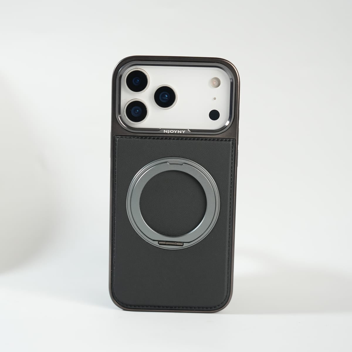 iPhone 17 Series Premium PU Leather Stitch Case | 360° Rotating Metal Ring Stand Cover