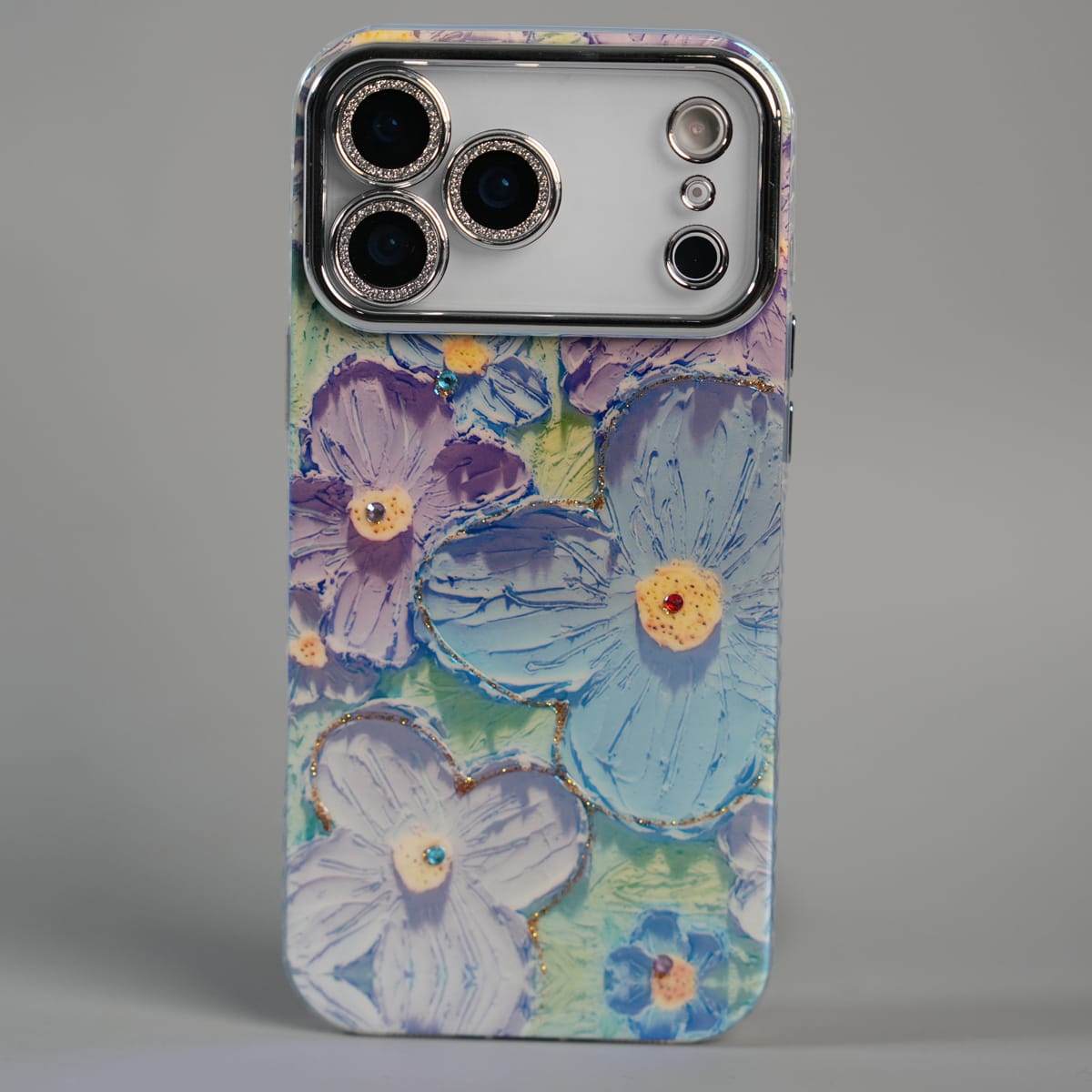 iPhone 17 Series Luxury 3D Oil Painting Floral Design Glitter Lens Protection Stand Cover
