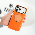 iPhone 17 Series MagSafe PU Leather Ring Stand Case | 360° Rotating Metal Kickstand