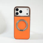 iPhone 17 Series Premium PU Leather Stitch Case | 360° Rotating Metal Ring Stand Cover