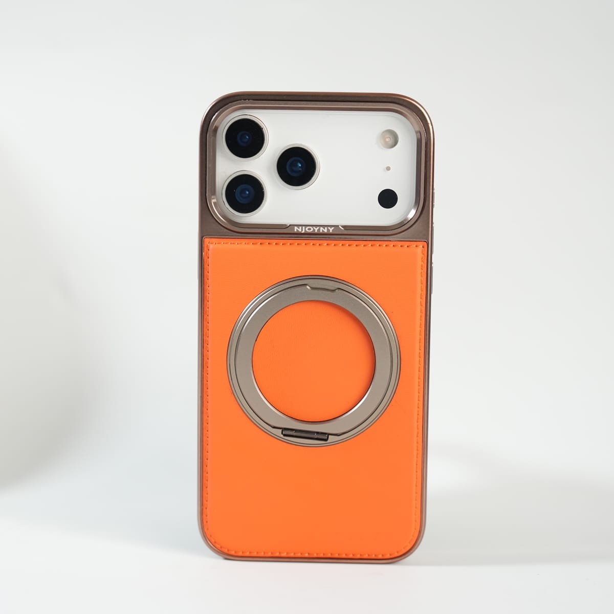 iPhone 17 Series Premium PU Leather Stitch Case | 360° Rotating Metal Ring Stand Cover