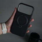 iPhone 17 Pro Max Carbon Fiber Texture Case with Metal Camera Frame & Rotating Ring Stand