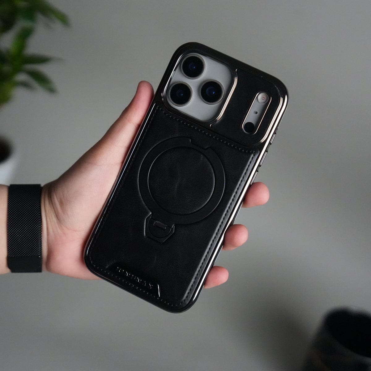 iPhone 17 Pro Max Luxury Leather Magnetic Ring Case | Metal Kickstand Cover with Chrome Frame