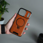 iPhone 17 Pro Max Luxury Leather Magnetic Ring Case | Metal Kickstand Cover with Chrome Frame