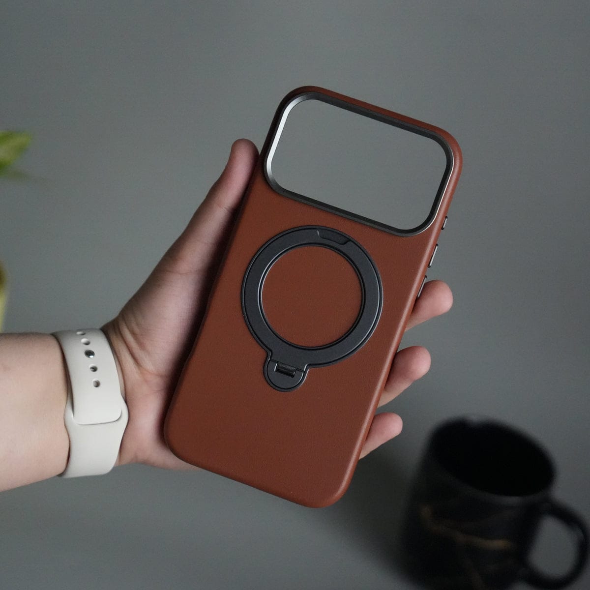 iPhone 17 Pro Max PU Leather Case with Metal Camera Frame & 360° Rotating Metal Stand
