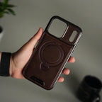 iPhone 17 Pro Max Luxury Leather Magnetic Ring Case | Metal Kickstand Cover with Chrome Frame