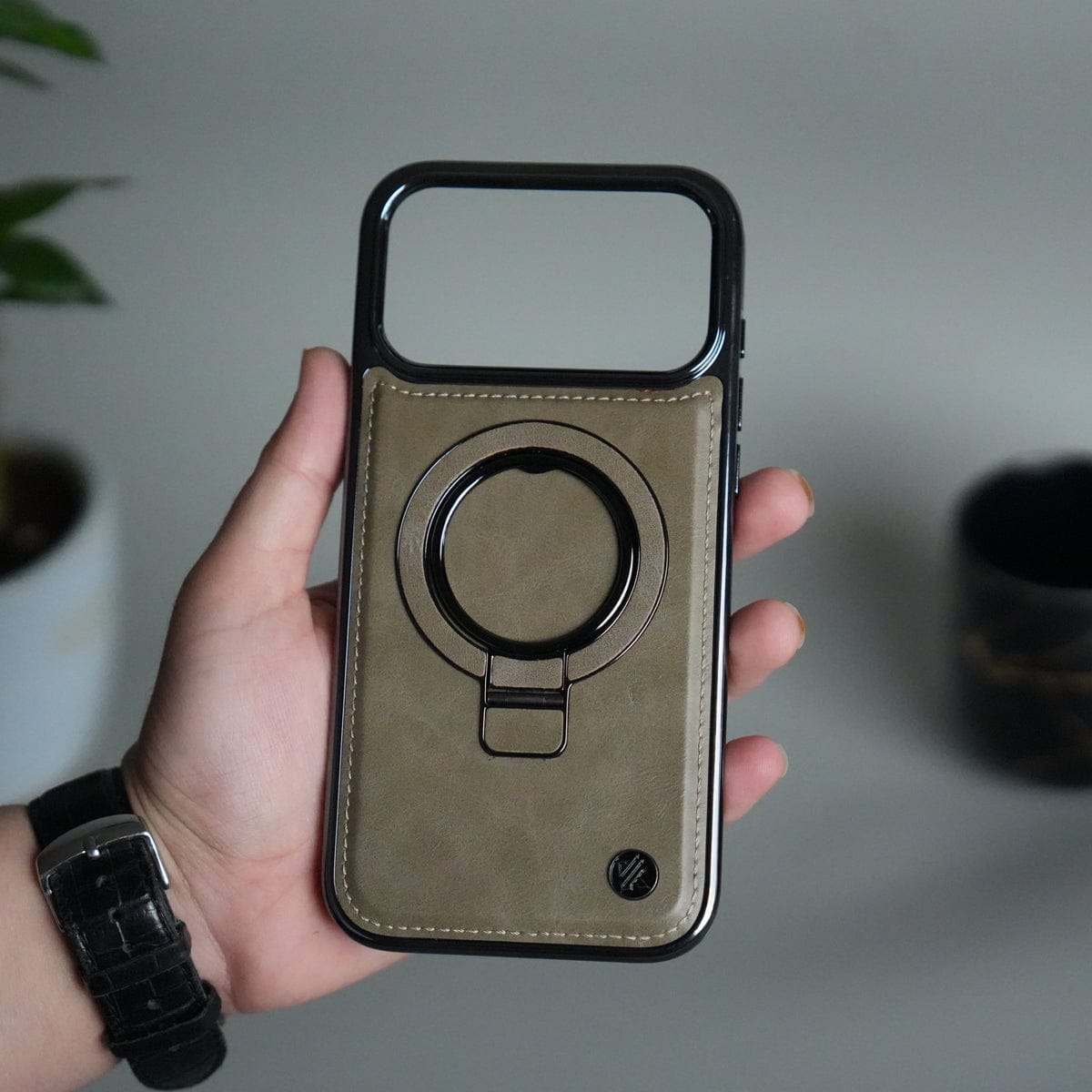 iPhone 17 Pro Max PU Leather Chrome Side Case With Ring Metal Stand