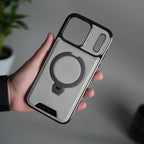 iPhone 17 Pro Max Luxury Leather Magnetic Ring Case | Metal Kickstand Cover with Chrome Frame