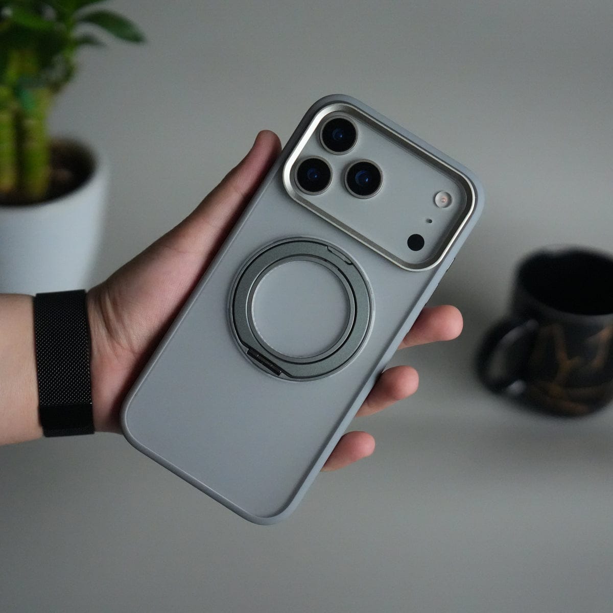 iPhone 17 Pro Max Transparent Magnetic Ring Case | Frosted Shockproof Kickstand Cover