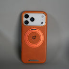iPhone 17 Series Luxury Leather Magnetic Ring Case | Metal Camera Frame and Kickstand Cover | Orange