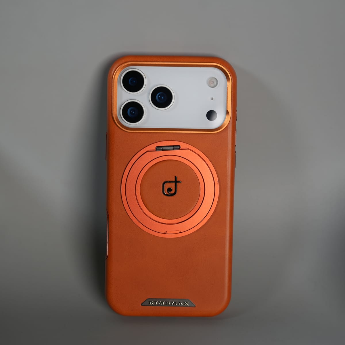iPhone 17 Series Luxury Leather Magnetic Ring Case | Metal Camera Frame and Kickstand Cover | Orange