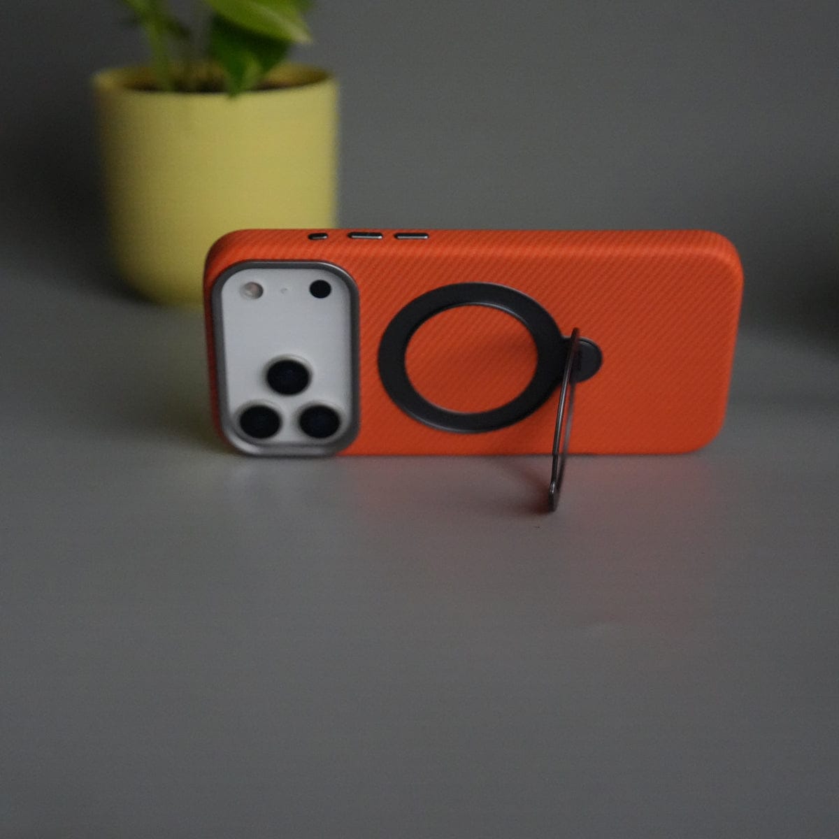 iPhone 17 Pro Max Carbon Fiber Texture Case with Metal Camera Frame & Rotating Ring Stand