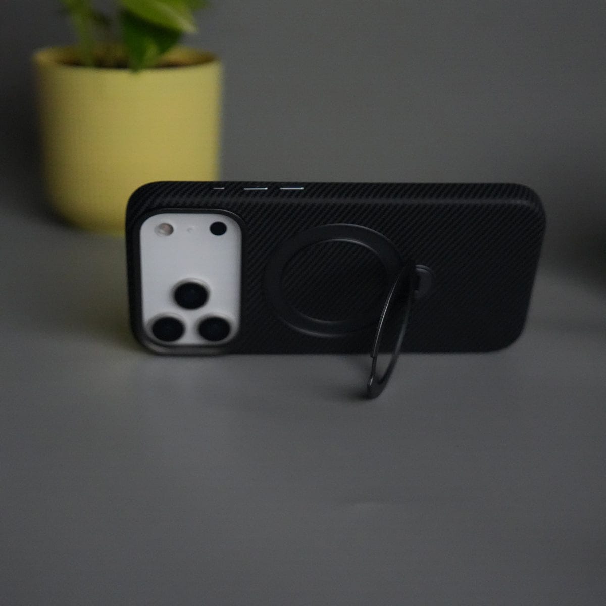 iPhone 17 Pro Max Carbon Fiber Texture Case with Metal Camera Frame & Rotating Ring Stand