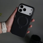 iPhone 17 Pro Max Carbon Fiber Texture Case with Metal Camera Frame & Rotating Ring Stand