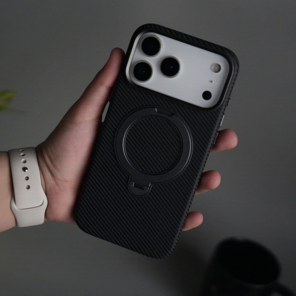 iPhone 17 Pro Max Carbon Fiber Texture Case with Metal Camera Frame & Rotating Ring Stand
