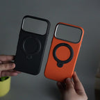 iPhone 17 Pro Max Carbon Fiber Texture Case with Metal Camera Frame & Rotating Ring Stand