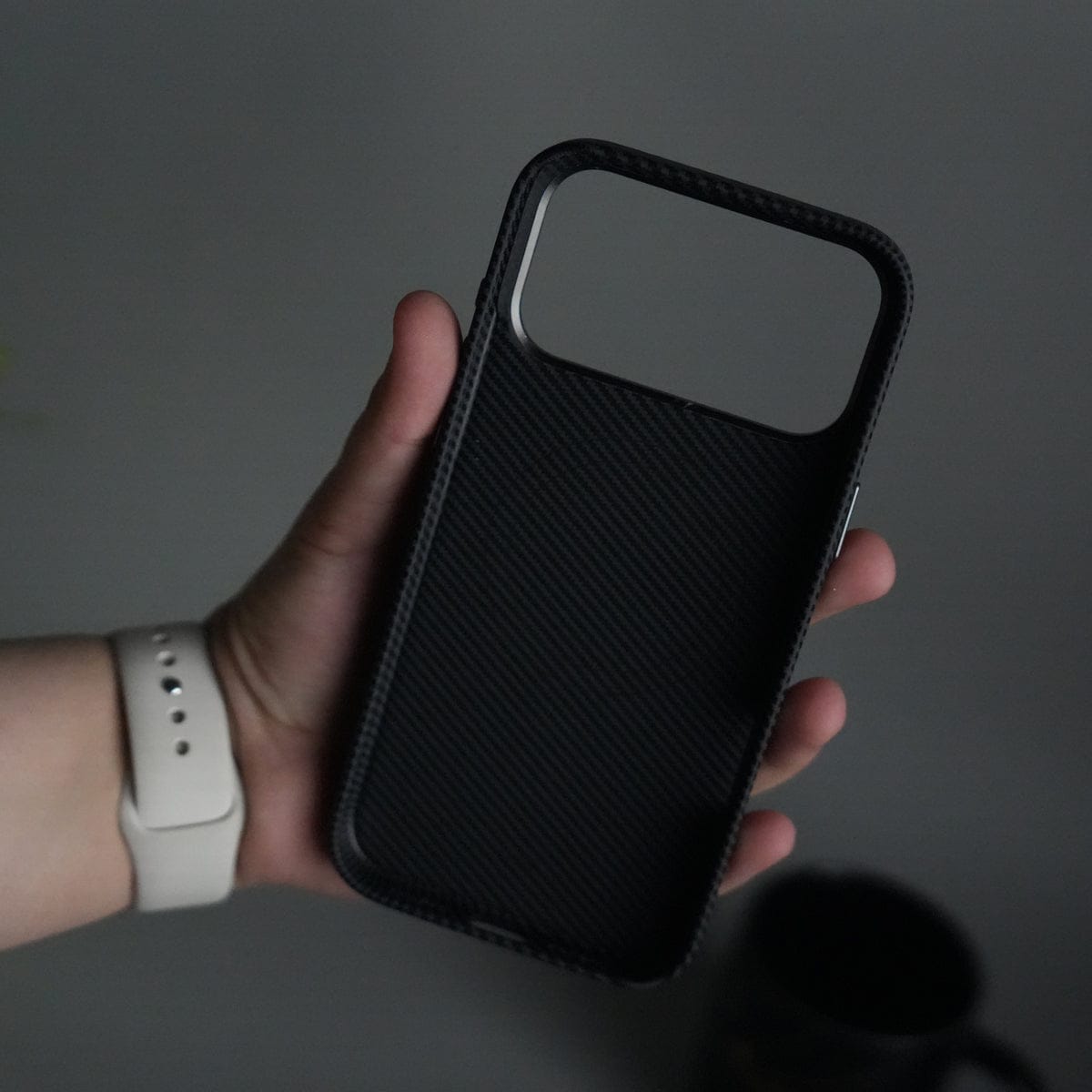iPhone 17 Pro Max Carbon Fiber Texture Case with Metal Camera Frame & Rotating Ring Stand