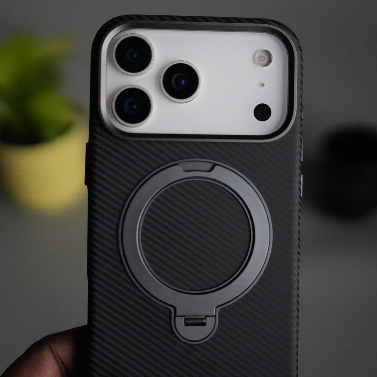 iPhone 17 Pro Max Carbon Fiber Texture Case with Metal Camera Frame & Rotating Ring Stand