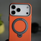 iPhone 17 Pro Max Carbon Fiber Texture Case with Metal Camera Frame & Rotating Ring Stand