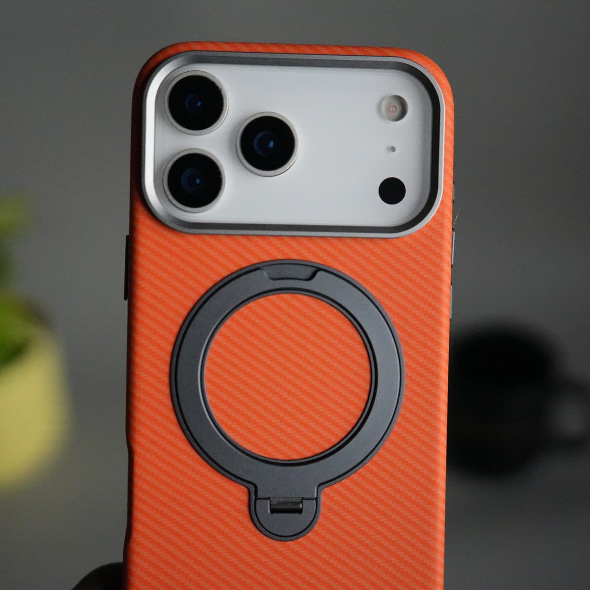 iPhone 17 Pro Max Carbon Fiber Texture Case with Metal Camera Frame & Rotating Ring Stand