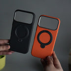 iPhone 17 Pro Max Carbon Fiber Texture Case with Metal Camera Frame & Rotating Ring Stand