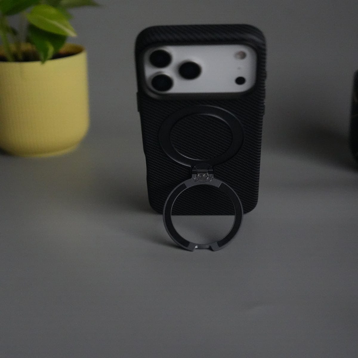 iPhone 17 Pro Max Carbon Fiber Texture Case with Metal Camera Frame & Rotating Ring Stand