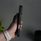 iPhone 17 Pro Max Carbon Fiber Texture Case with Metal Camera Frame & Rotating Ring Stand