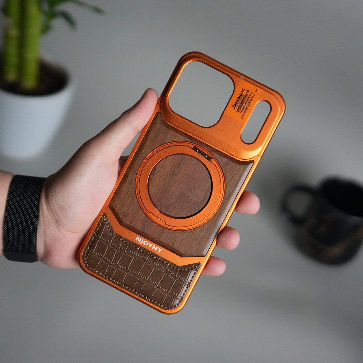 iPhone 17 Series Metallic Wood Leather AeroFLex Aluminium Case With Rotating Stand