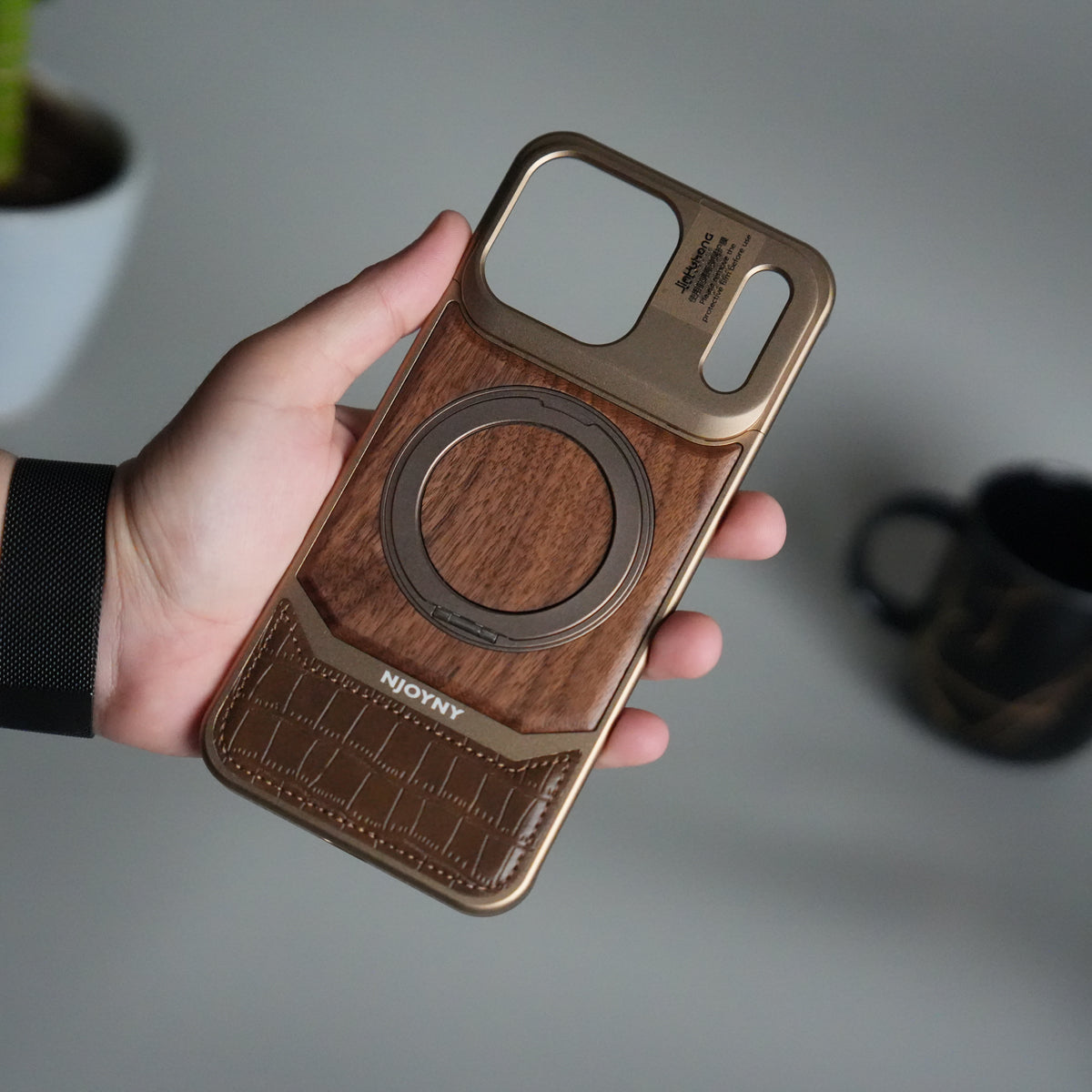 iPhone 17 Series Metallic Wood Leather AeroFLex Aluminium Case With Rotating Stand