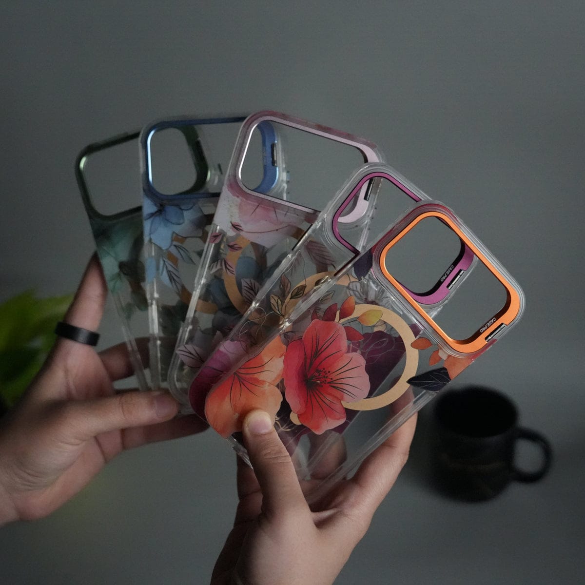 iPhone 17 Pro Max FloraCrystal Clear Floral Design Case with Color Metal Camera Stand Frame